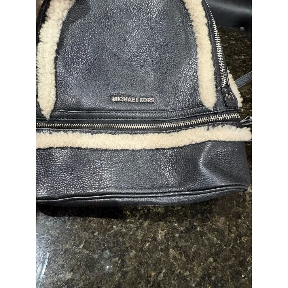 Michael Kors Rhea Zip Backpack Womens Medium Black Pebbled Leather Zip